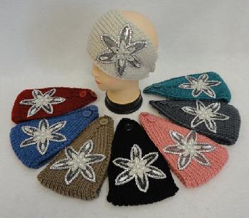 Wide Hand Knitted Ear Band [Star Flower Applique w Gems]
